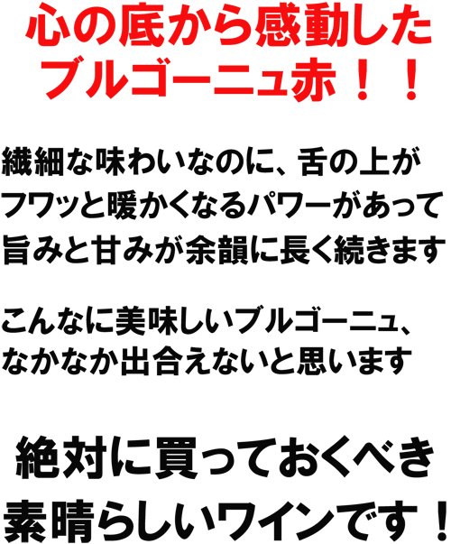 心の底から感動したブルゴーニュ赤！！繊細な味わいなのに、舌の上がフワット暖かくなるパワーがあって、旨みと甘みが余韻に長く続きます。こんなに美味しいブルゴーニュ、なかなか出合えないと思います。絶対に買って置きべき素晴らしいワインです！