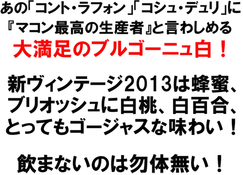 あの「コント･ラフォン」「コシュ・デュリ」にマコン最高の生産者』と言わしめる大満足のブルゴーニュ白！新ヴィンテージ2013は蜂蜜、ブリオッシュに白桃と白い百合とってもゴージャスな味わいです！飲まないのは勿体無い！