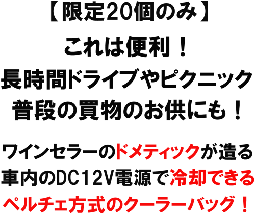 【限定20個】これは便利！長時間ドライブやピクニック、普段の買い物のお供にも!ワンセラーのドメティックが造る、車内のＤＣ１２Ｖ電源で冷却できるペルチェ方式のクーラーバッグ！