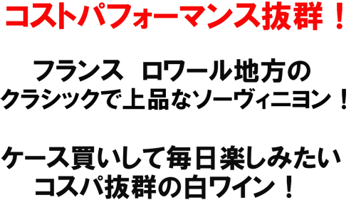 コストパフォーマンス抜群！フランス　ロワール地方のクラシックで上品なソーヴィニヨン！ケース買いして毎日楽しみたいコスパ抜群の白ワイン！