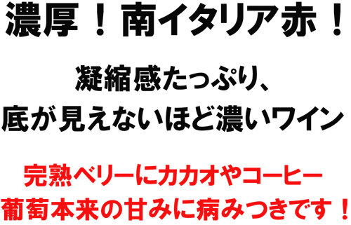 濃厚！南イタリア赤！凝縮感たっぷり、底が見えないほど濃いワイン。完熟ベリーにカカオやコーヒー、葡萄本来の甘みに病みつきです！