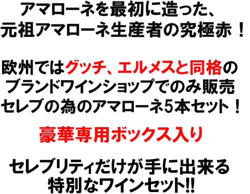 欧州ではグッチ、エルメスと同格のブランドワインショップでのみ販売、セレブのためのアマローネ5本セット！豪華専用ボックス入り。最高評価トレビッキエーリの常連、元祖アマローネ生産者が造る究極赤！