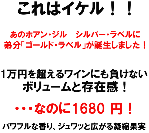 これはイケル！あのホアン・ジル　シルバー・ラベルに弟分「ゴールド・ラベル」が誕生しました！1万円を超えるワインにも負けないボリュームと存在感！・・・なのに１６８０円！パワフルな香り、ジュワッと広がる凝縮果実