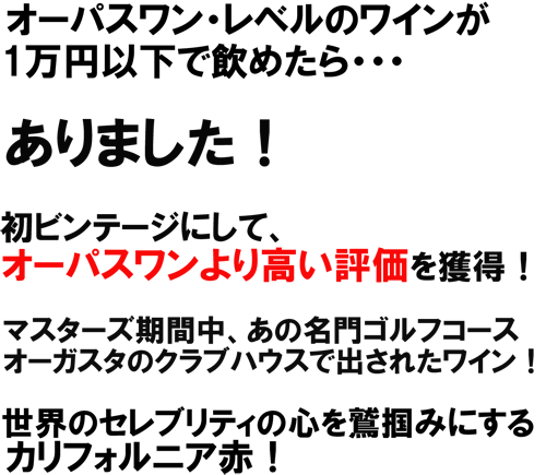 限定26本！オーパスワンレベルのワインが1万円以下で飲めたら・・・ありました！しかも6980円！！初ビンテージにして、オーパスワンより高い評価を獲得！マスターズ期間中、あの名門ゴルフコースオーガスタのクラブハウスでオンリスト！世界のセレブリティの心を鷲掴みにするカリフォルニア赤！6980円