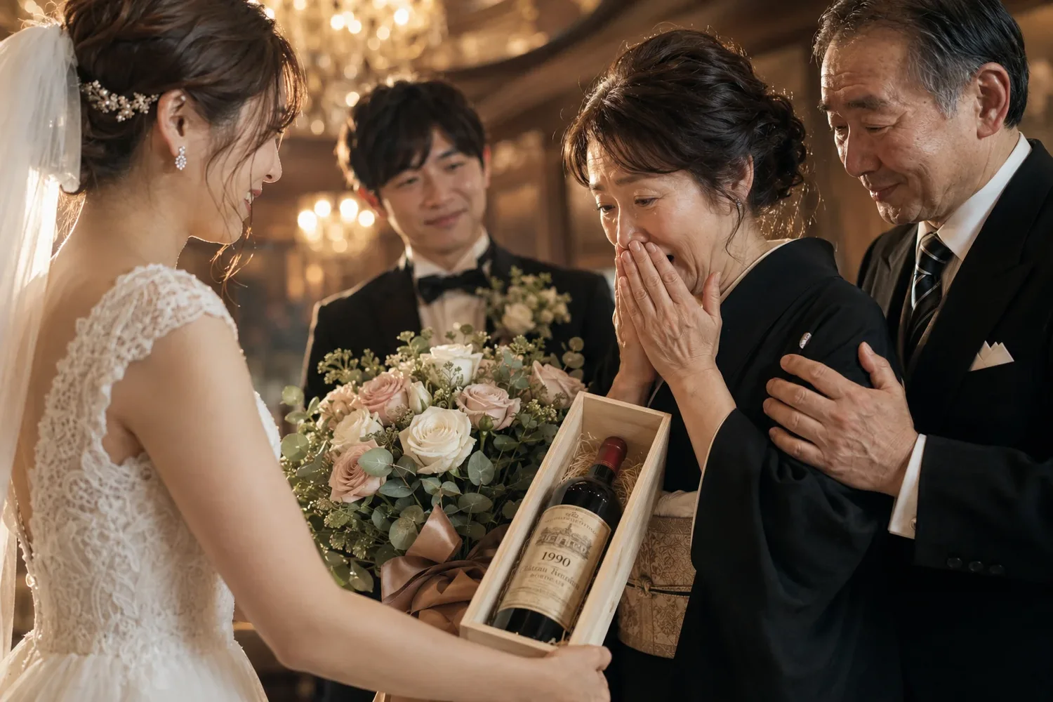 生まれ年のワインを受け取るお母様