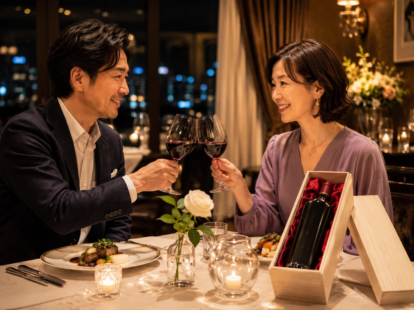 ご両親の誕生日のお祝いに生まれ年のヴィンテージワインを贈るシニア夫婦のレストランシーン