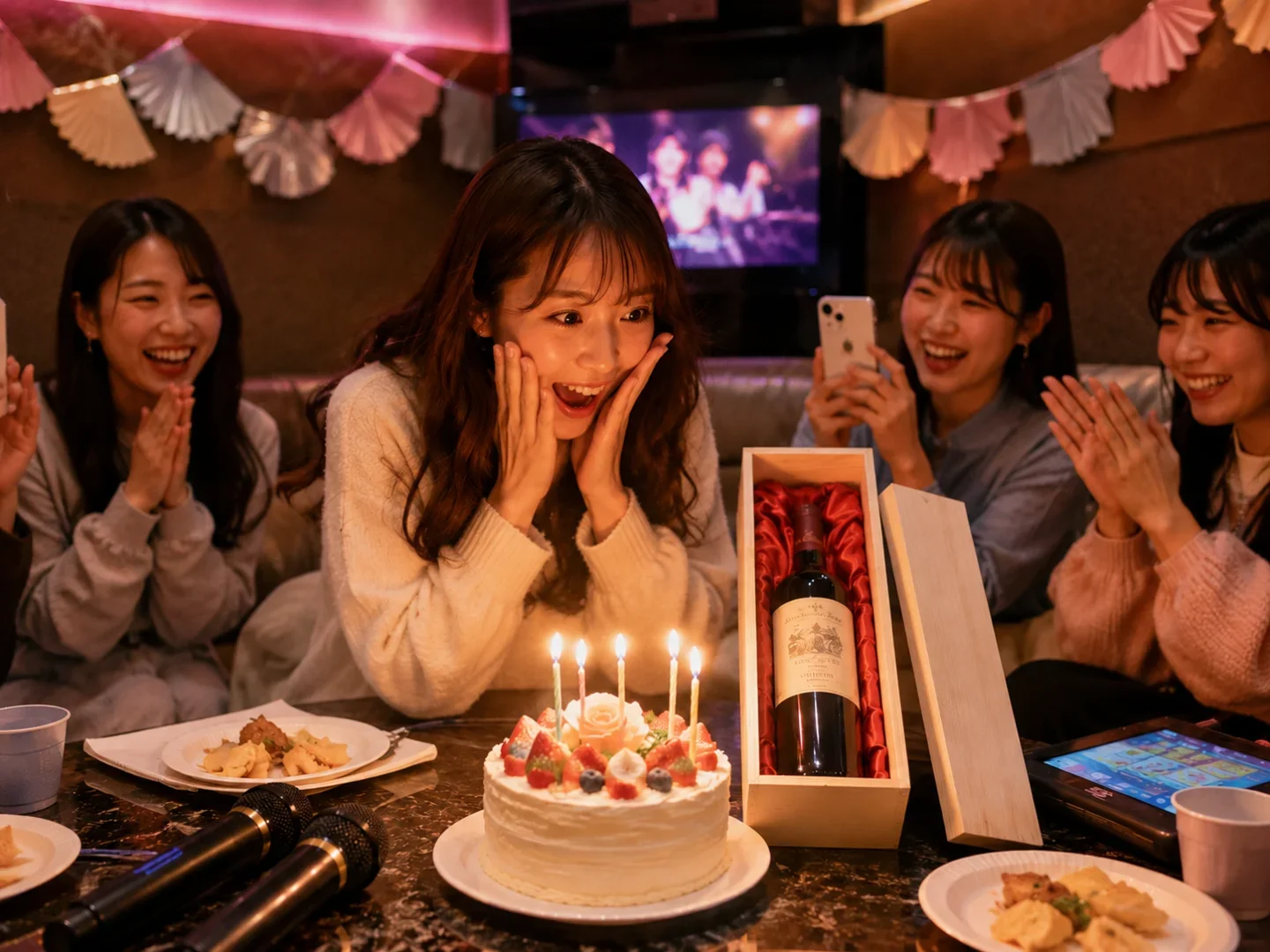 友人グループからの誕生日プレゼントに生まれ年のヴィンテージワインを贈り合う乾杯の瞬間