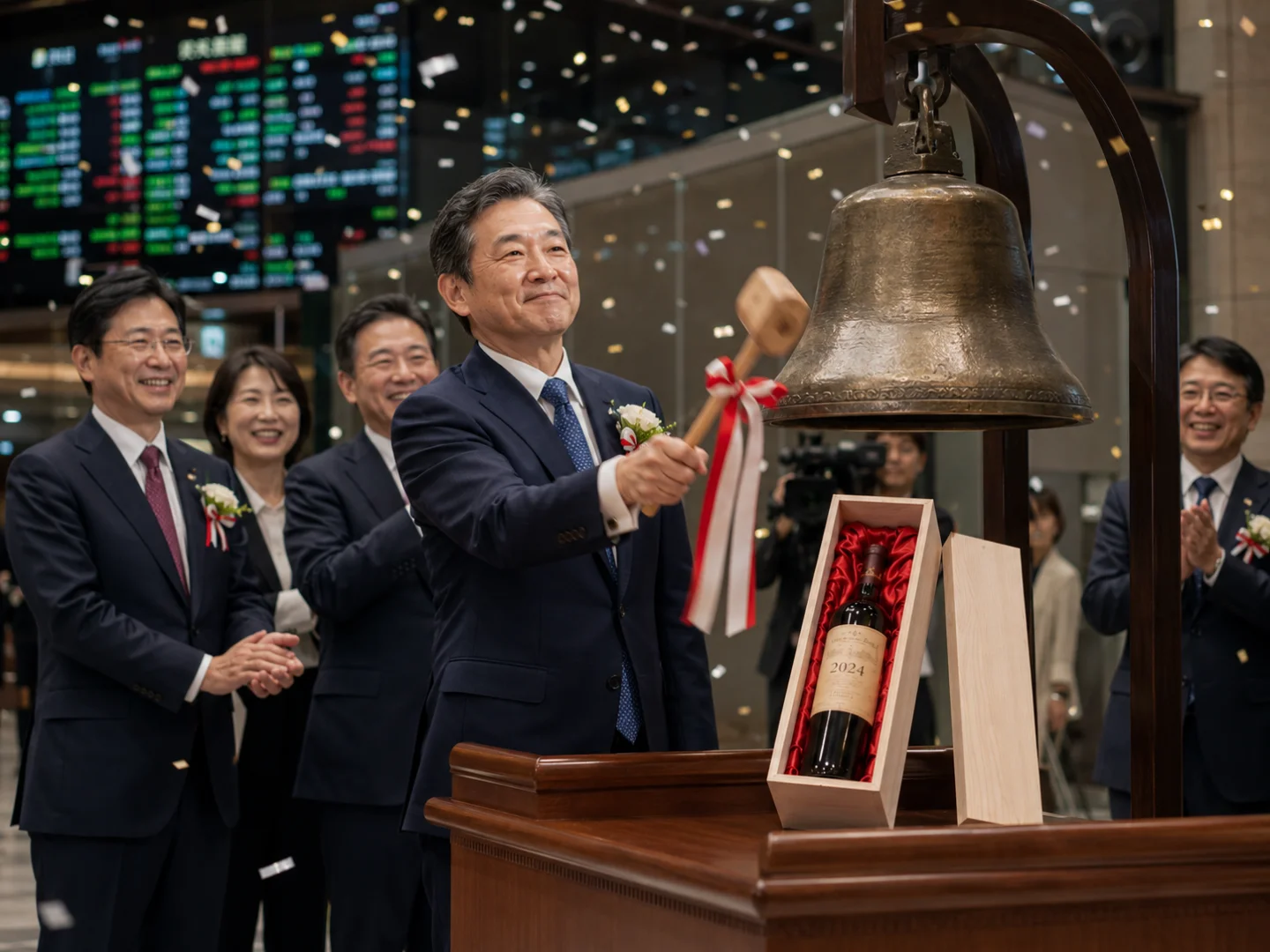 上場記念IPO・東京証券取引所で鐘を鳴らす代表取締役と上場年のヴィンテージワイン