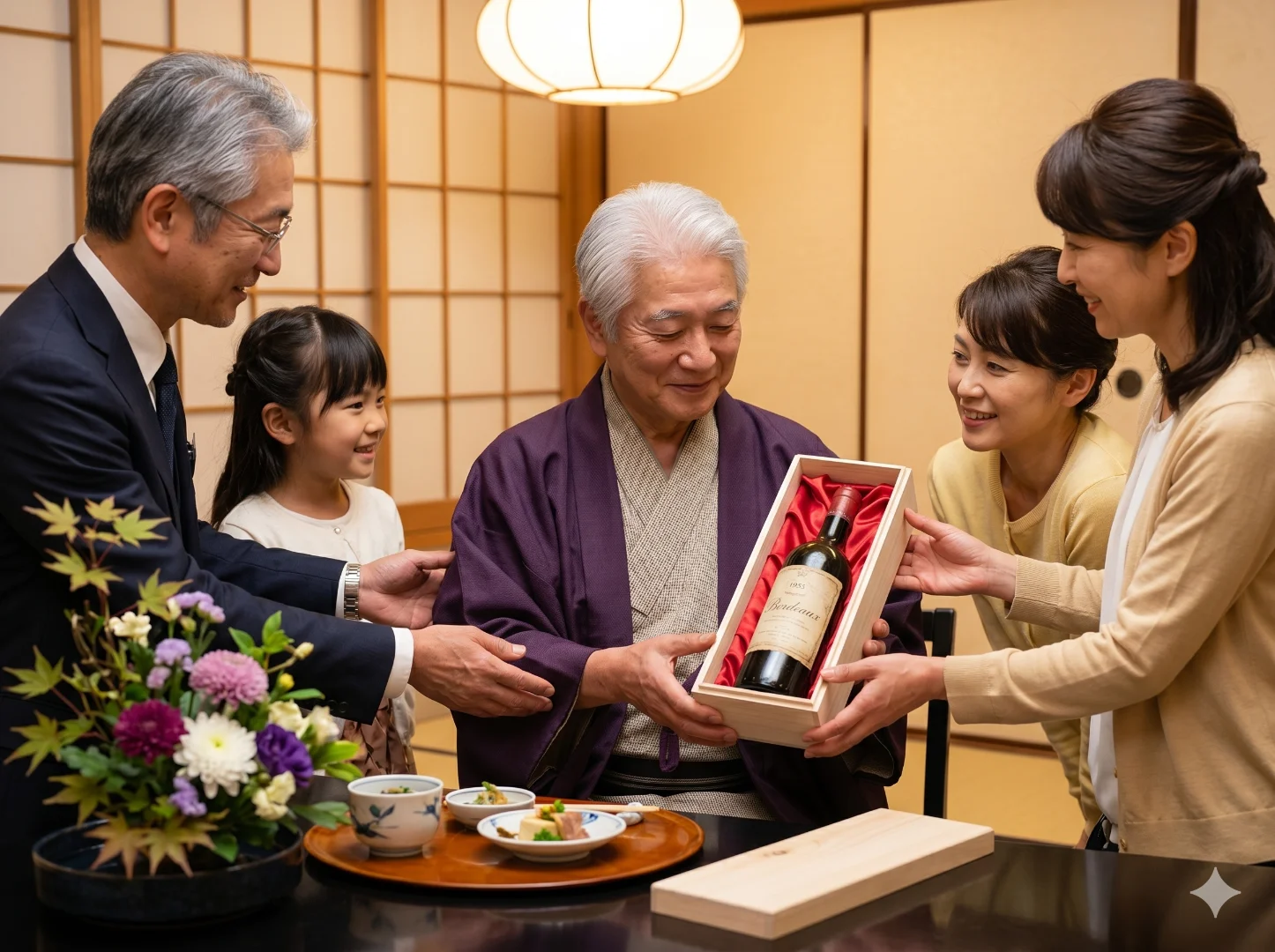 古希祝い・和装のご夫婦が古希を祝う・お二人それぞれの生まれ年のヴィンテージワイン