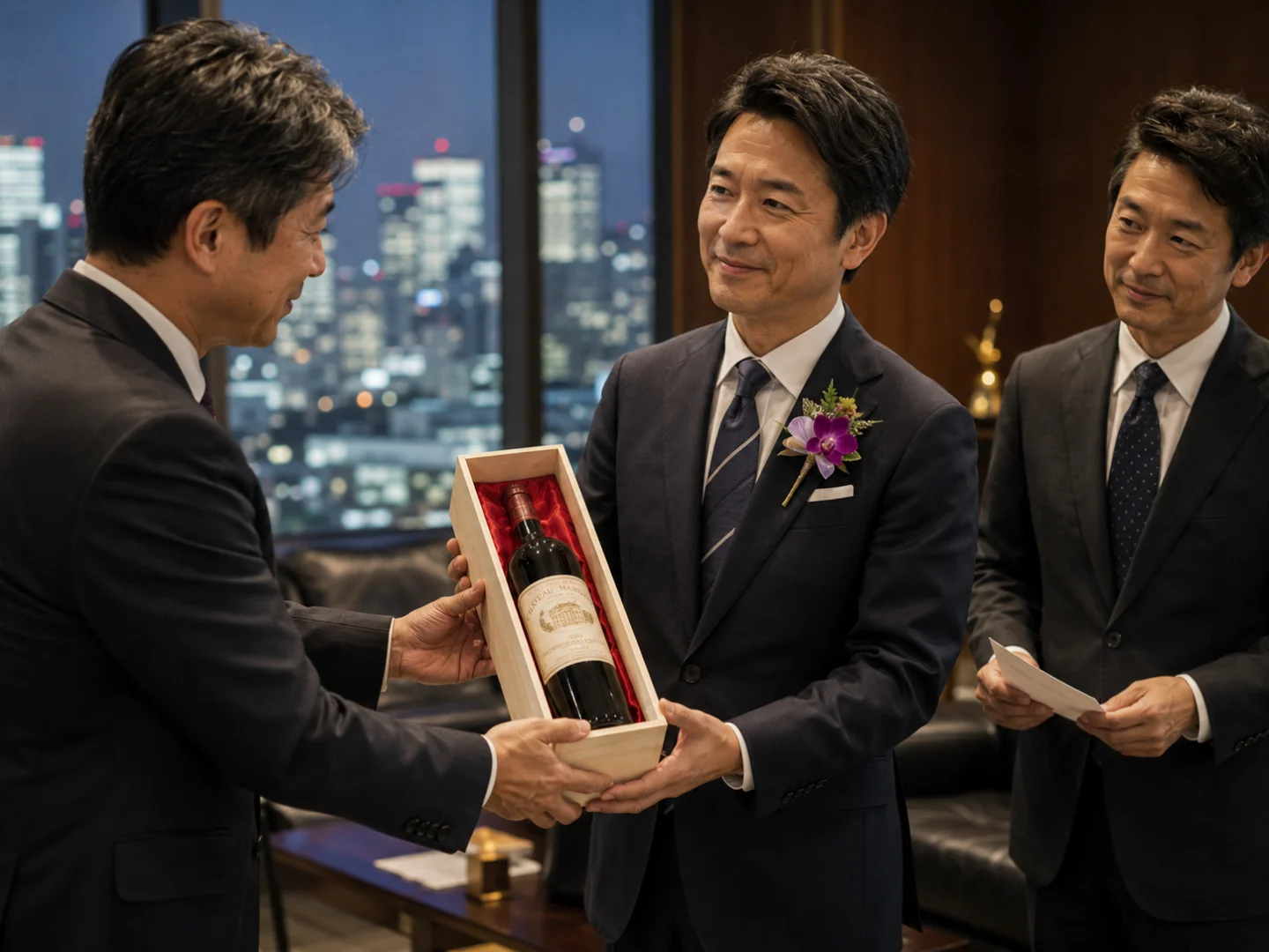 代表取締役・社長ご就任祝いに贈るヴィンテージワイン・紫蘭コサージュ