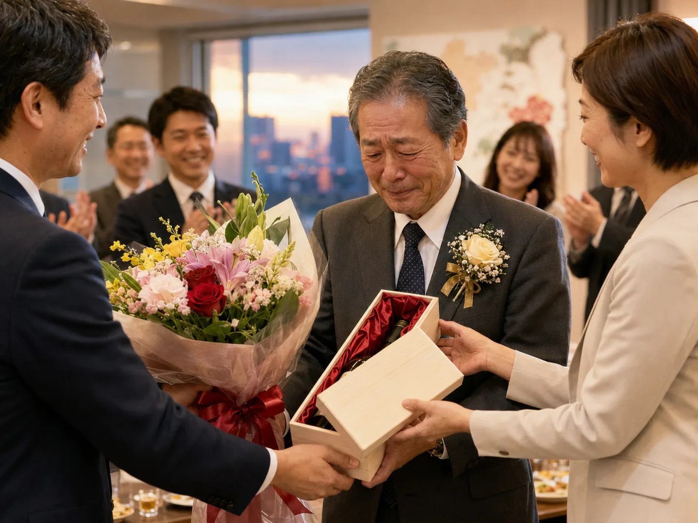 退職祝い・送別会でお花と入社年のヴィンテージワインを贈呈