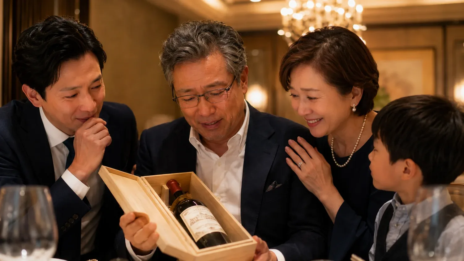 還暦祝いに生まれ年のワインを家族で贈呈する明るい食卓