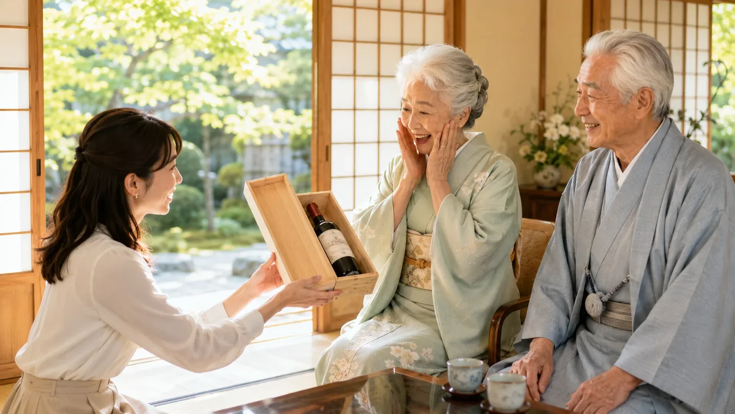 ご祖父母様への生まれ年のワインを孫が手渡す瞬間