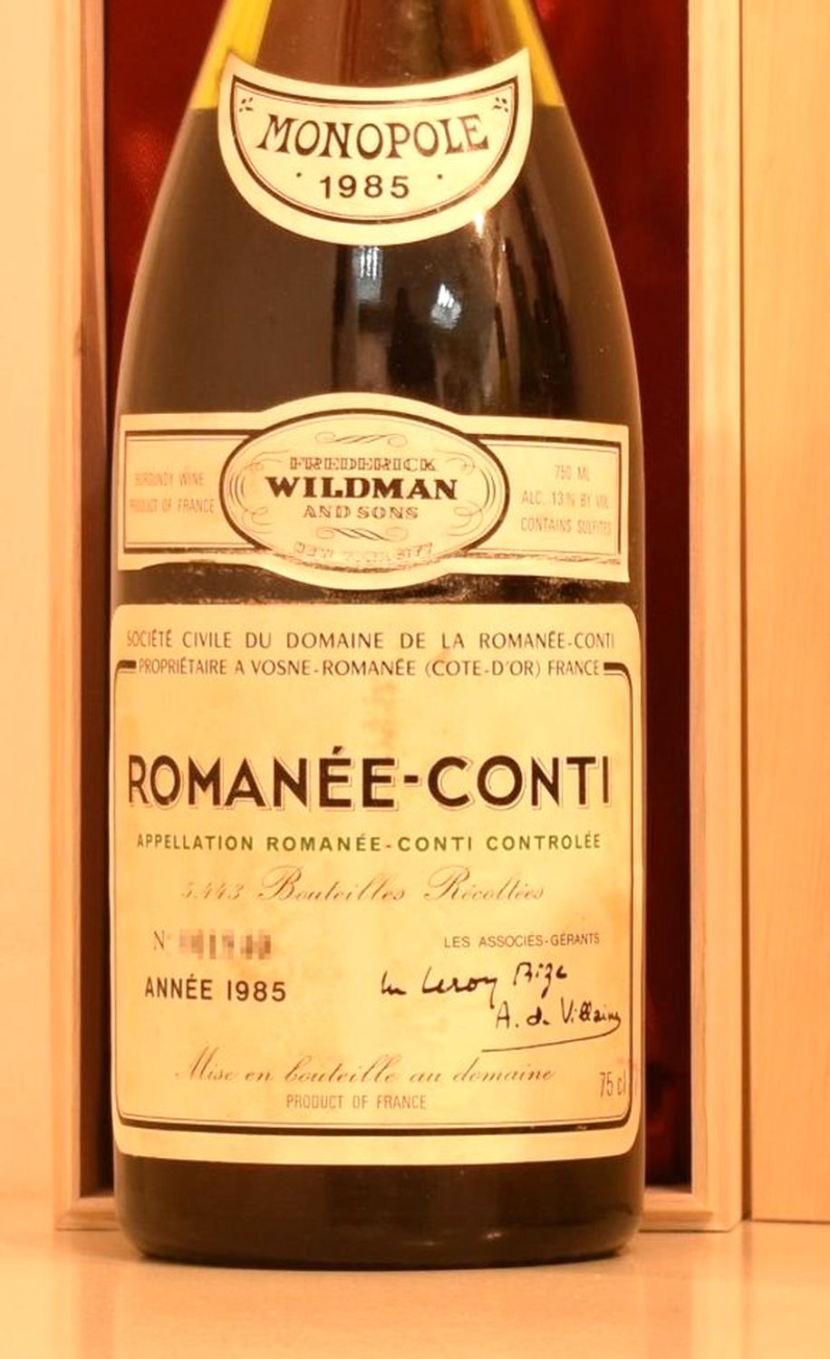 １９８５年 DRC ロマネ・コンティ 赤ワインのラベル画像