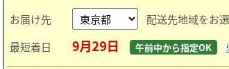カート画面のお届け先と最短着日